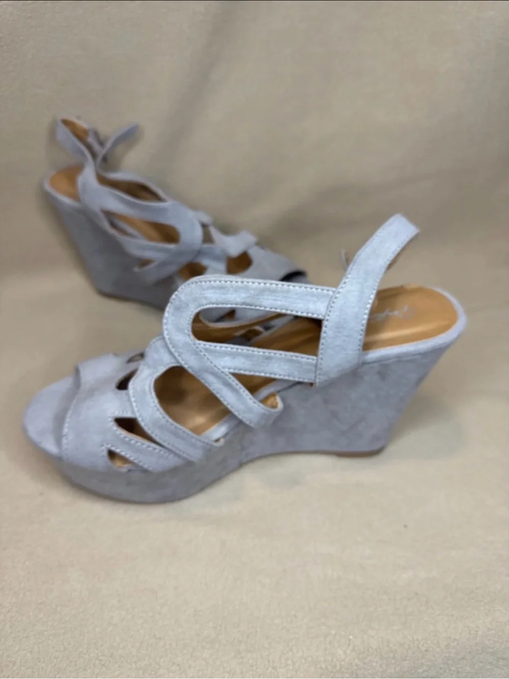 Qupid Light Gray Suede Strappy Wedge Sandals